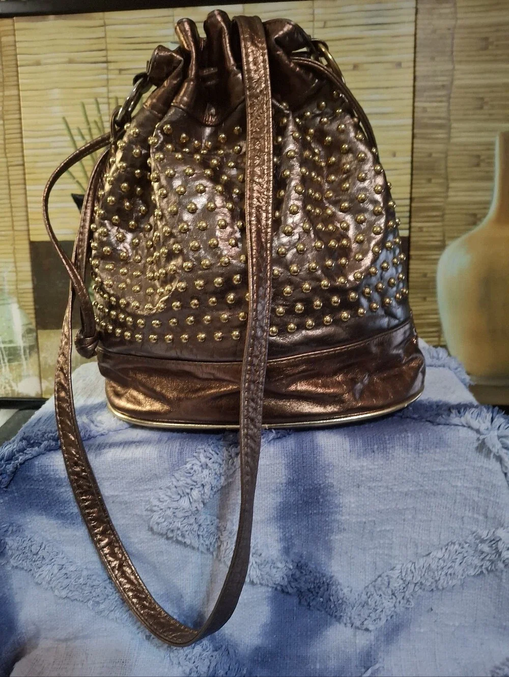 Metallic Brown Studded Drawstring Shoulder Bag